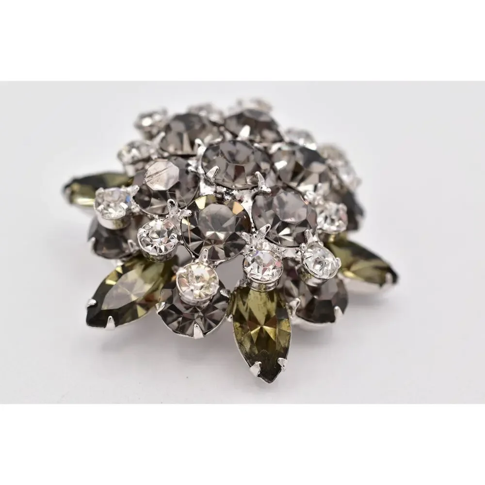 Vintage Smoky Gray Rhinestone Brooch Silver Crystal Cluster Flower Pin 60s BinBI
